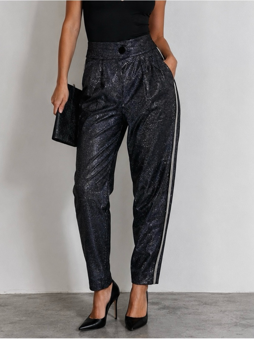 Petar Petrov Sparkle Black Jogger Pants with Side Stripe